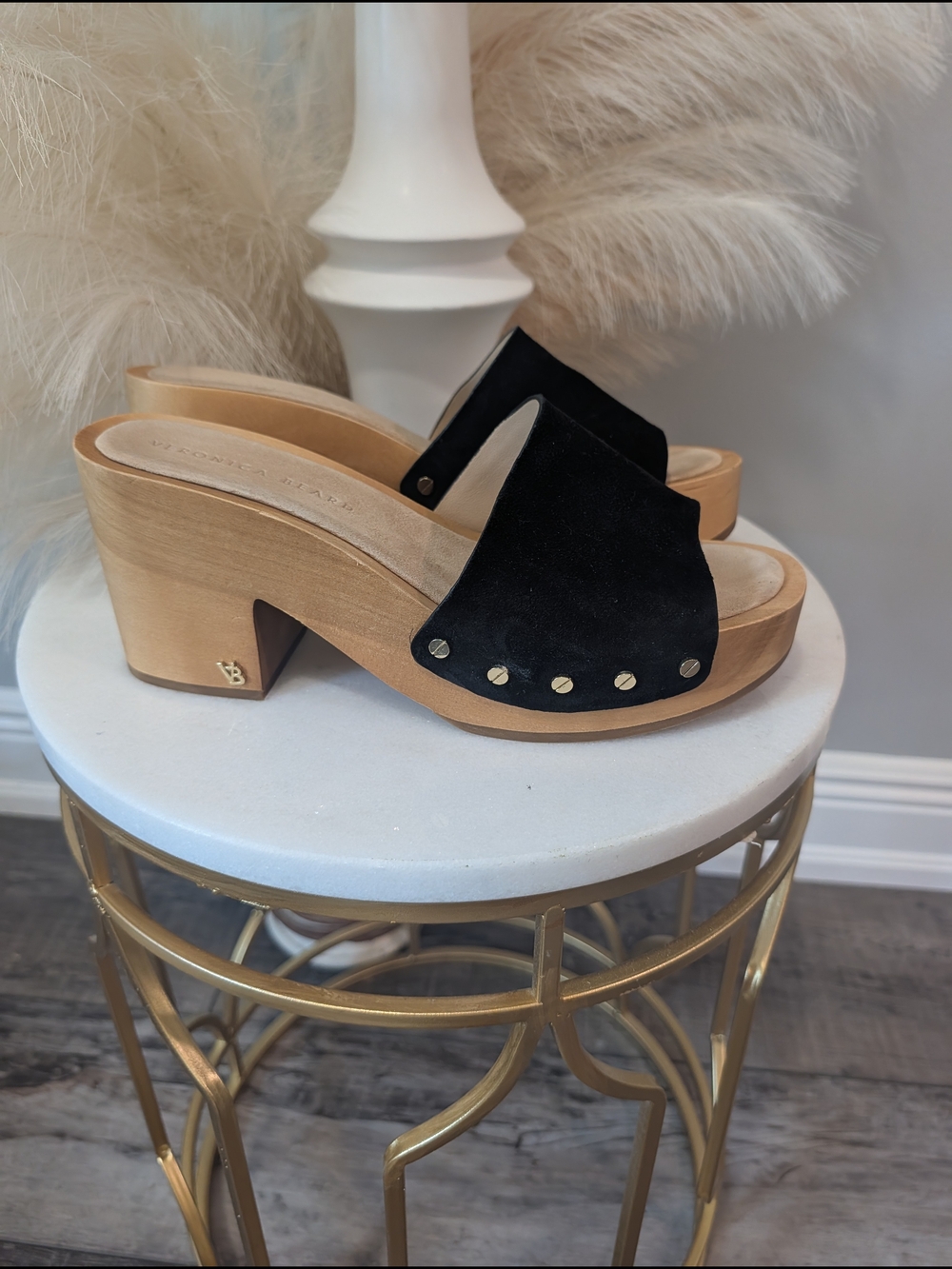 Veronica Beard Black Suede Wood-Platform Slide Sandals Size 9.5